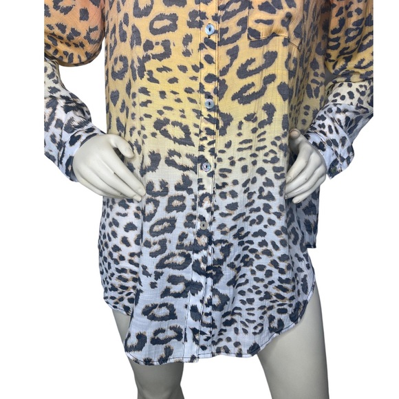 MULTIPLES Multicolor Ombre Leopard Animal Print Tie Front Linen Button Down Top - Picture 11 of 16